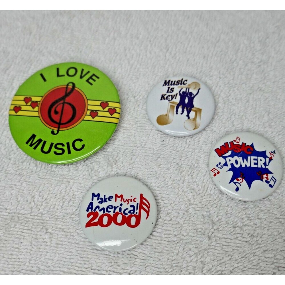 Music Lover Pin Button Lot 4 Pins I Love Music Music is Key Music Power Flair